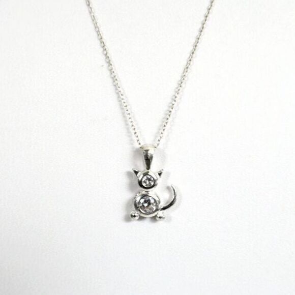 Cat Rhinestone Pendant Necklace Silver Clear - Picture 1 of 6